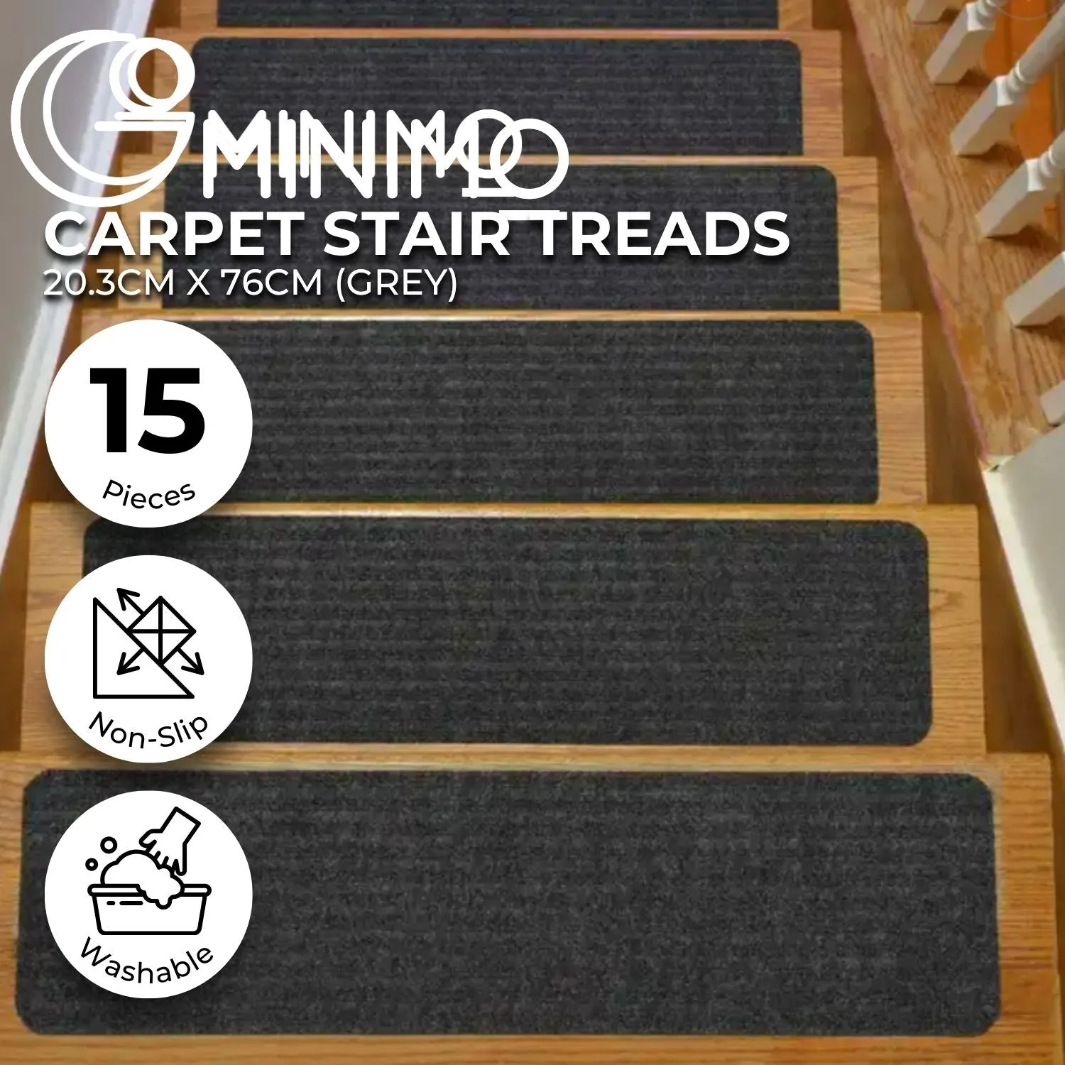 15 Non-Slip Washable Stair Treads Set, Durable, Grey - GOMINIMO