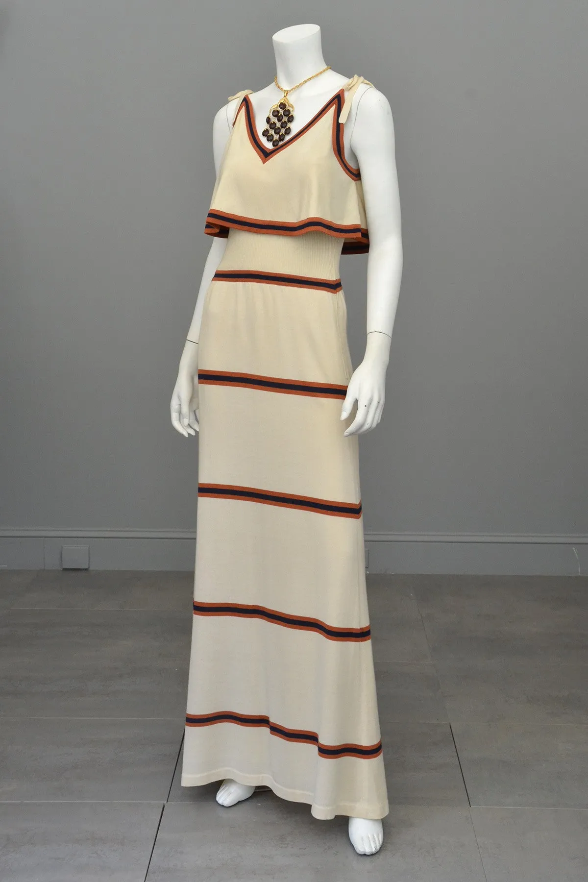 1970s Knit Maxi Dress with Flounce Top, Navy and Nutmeg Stripes, Italian knit by Crissa