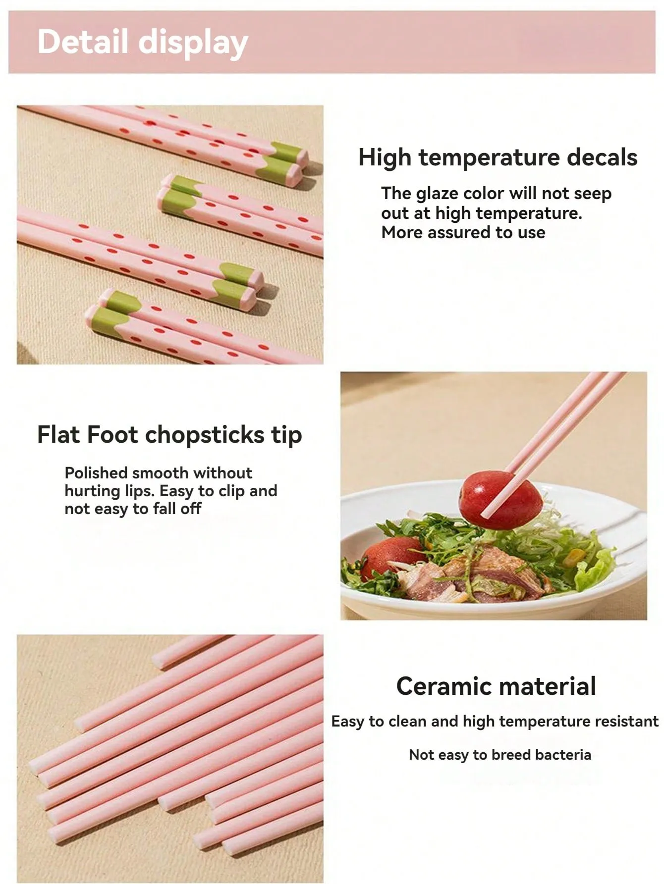 5pcs Cute Cartoon Strawberry Ceramic Chopsticks, Non-Slip, Durable, And Mold Resistant