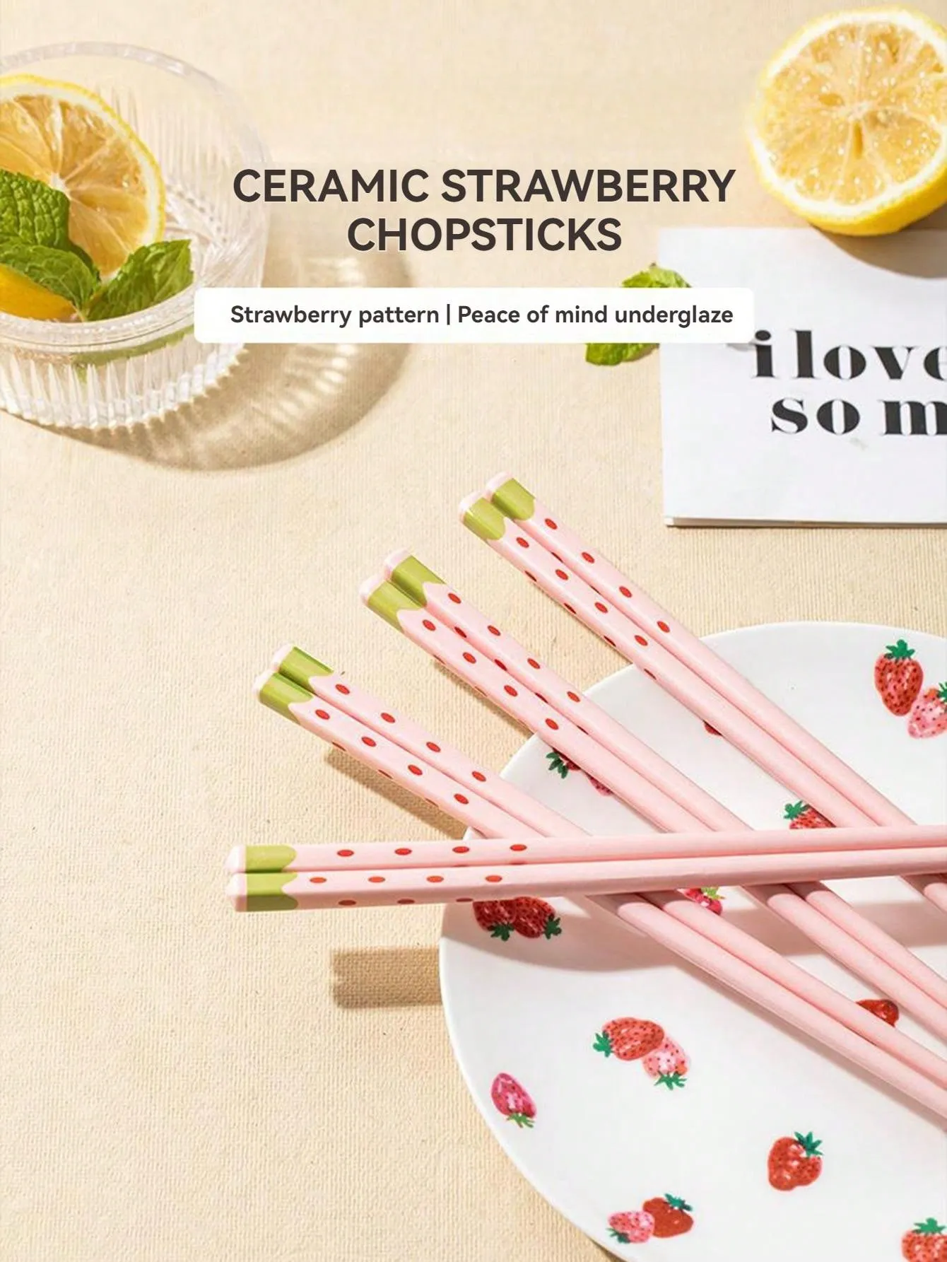 5pcs Cute Cartoon Strawberry Ceramic Chopsticks, Non-Slip, Durable, And Mold Resistant