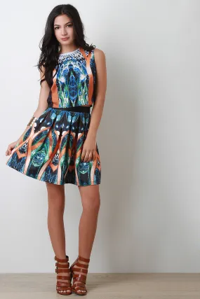 Abstract Peacock Pleated Skirt