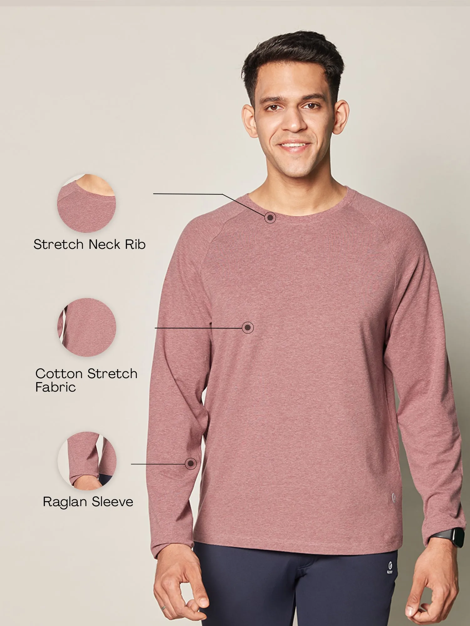 Anti Odor Cotton Long Sleeve Round Neck T-Shirt - Burgundy Melange