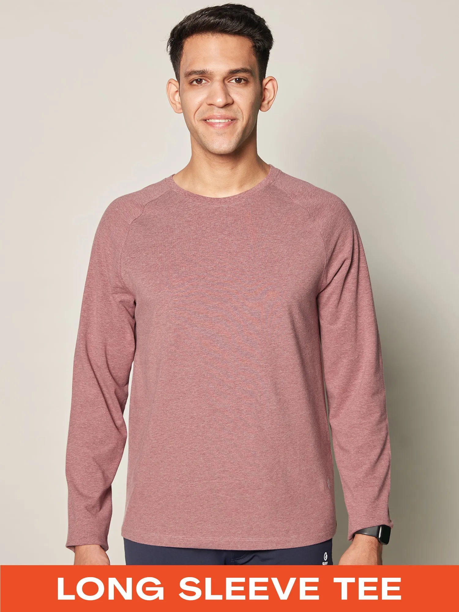 Anti Odor Cotton Long Sleeve Round Neck T-Shirt - Burgundy Melange