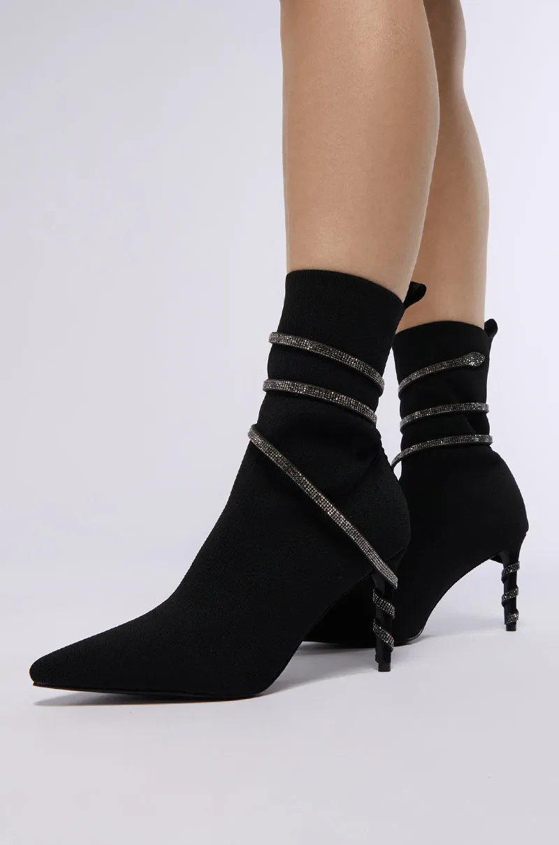 AZALEA WANG JAMARI BLACK KNIT BOOTIE WITH SILVER RHINESTONE COIL