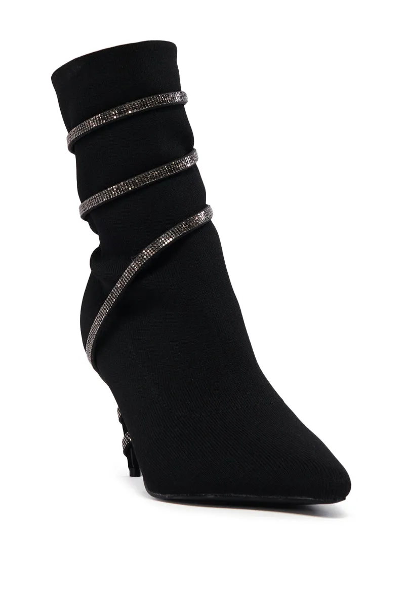 AZALEA WANG JAMARI BLACK KNIT BOOTIE WITH SILVER RHINESTONE COIL