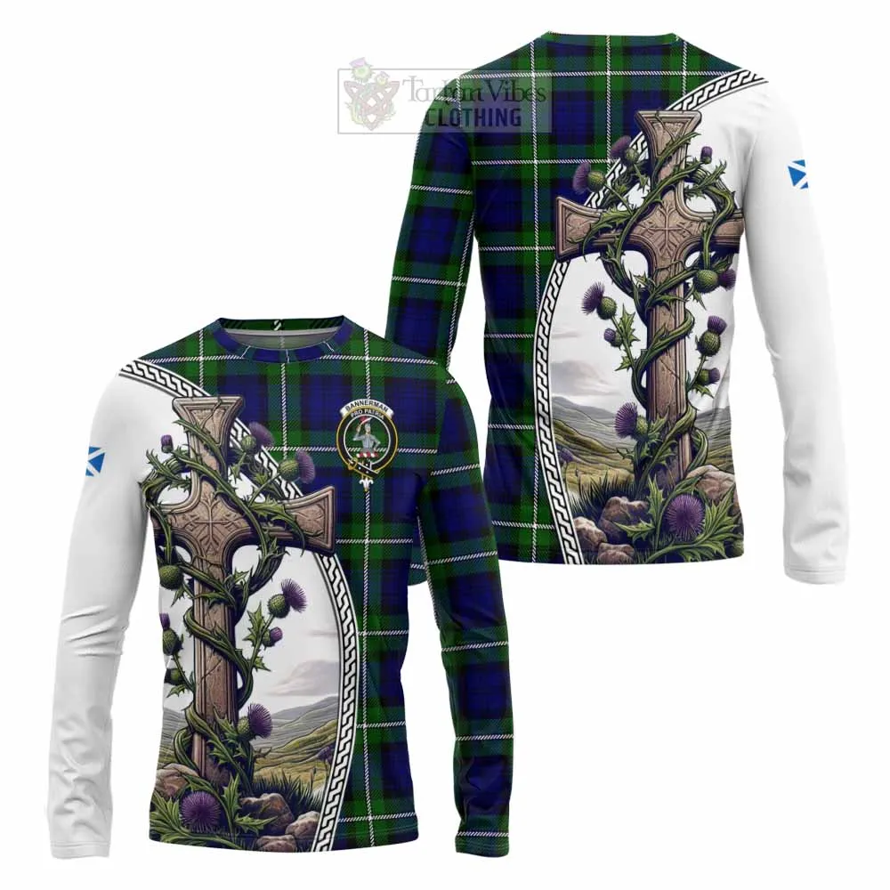 Bannerman Tartan Long Sleeve T-Shirt with Family Crest and St. Andrew's Cross Accented by Thistle Vines