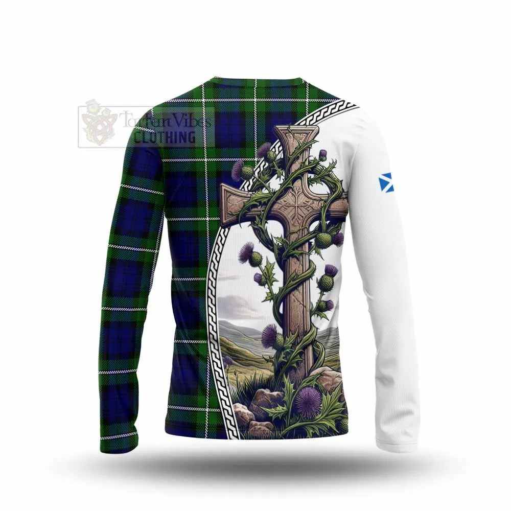 Bannerman Tartan Long Sleeve T-Shirt with Family Crest and St. Andrew's Cross Accented by Thistle Vines