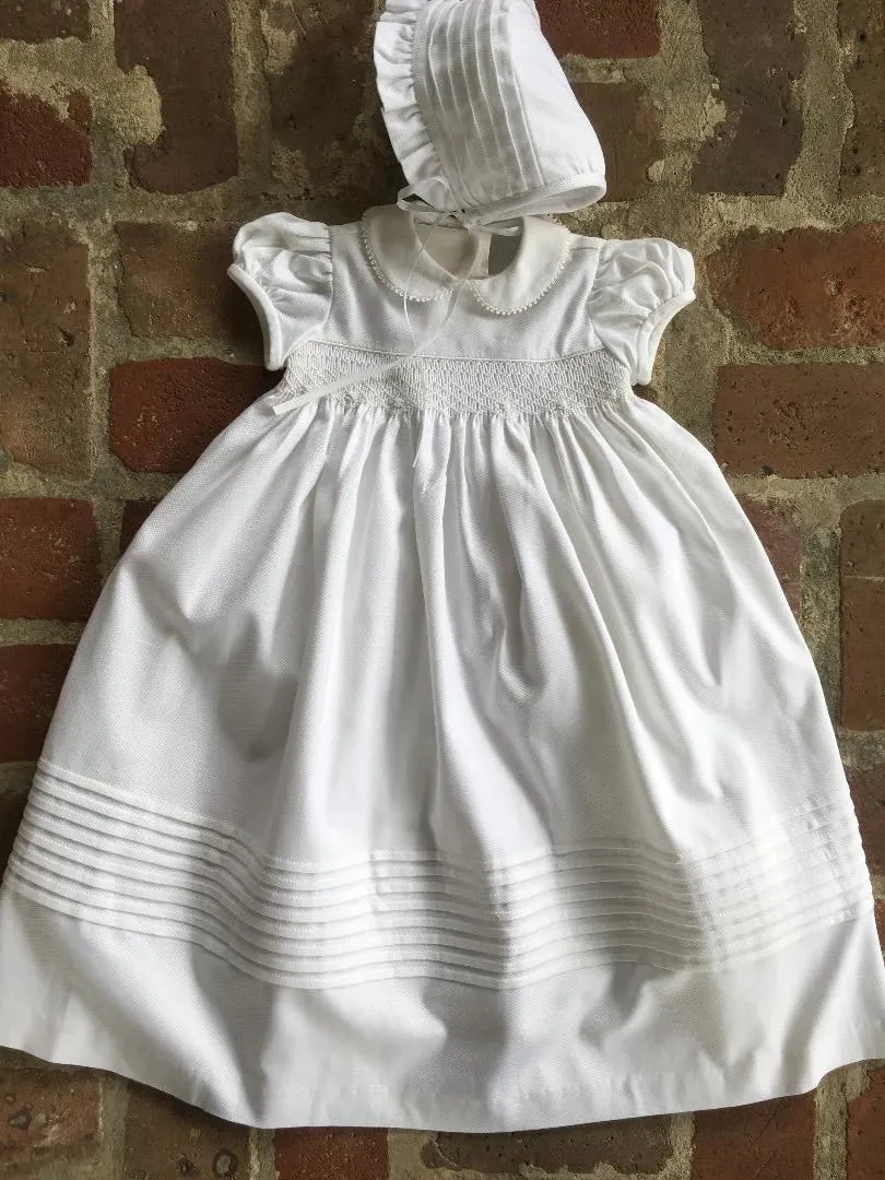 BAPTISM-CHRISTENING SMOCKED PIQUE CHRISTENING DRESS & BONNET