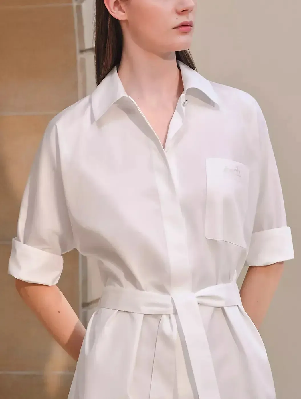 Belted Shirt Dress in Cotton Twill, White