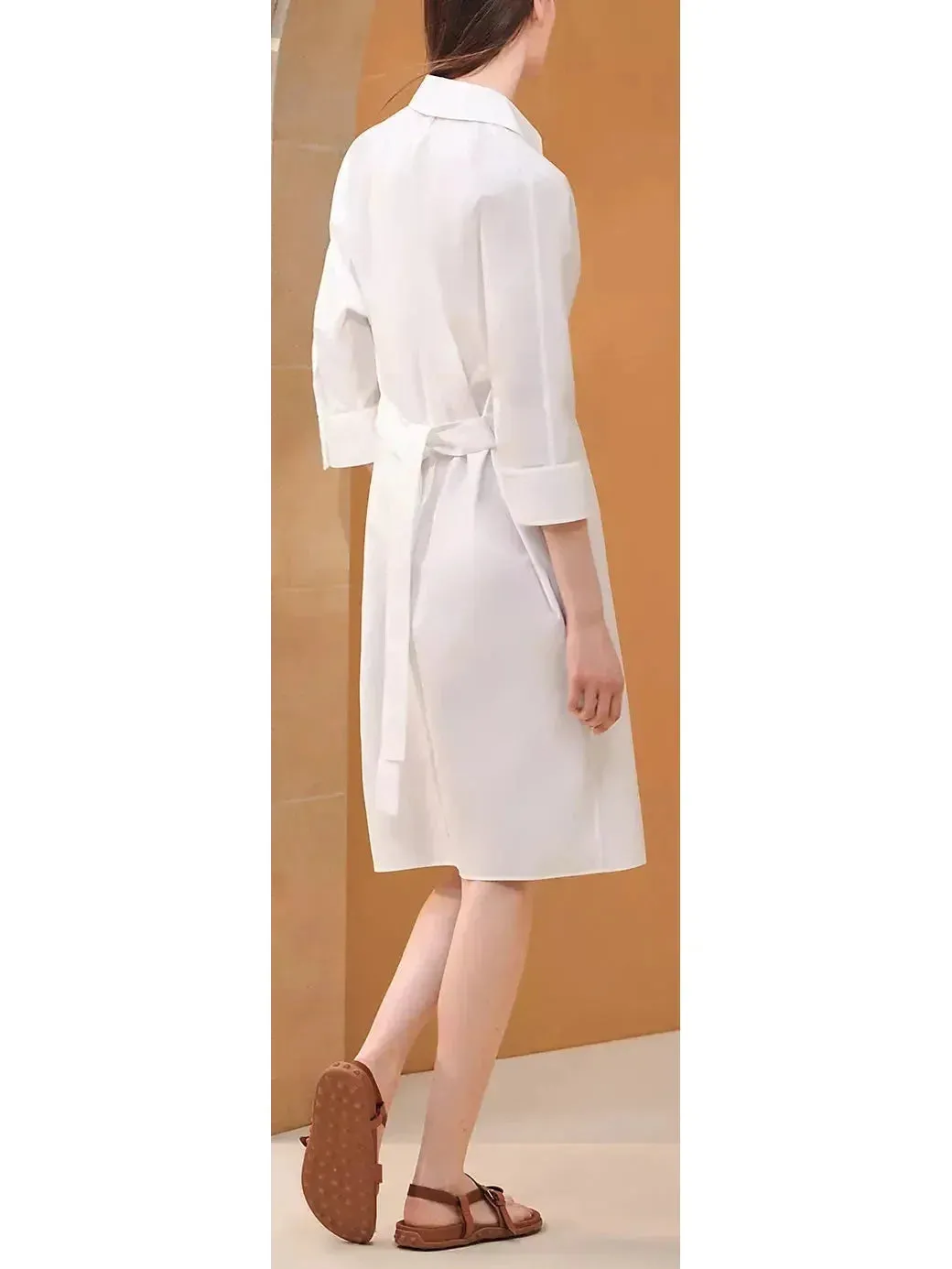 Belted Shirt Dress in Cotton Twill, White