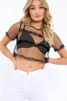 Black Mesh Ruffle Crop Top - Cleo