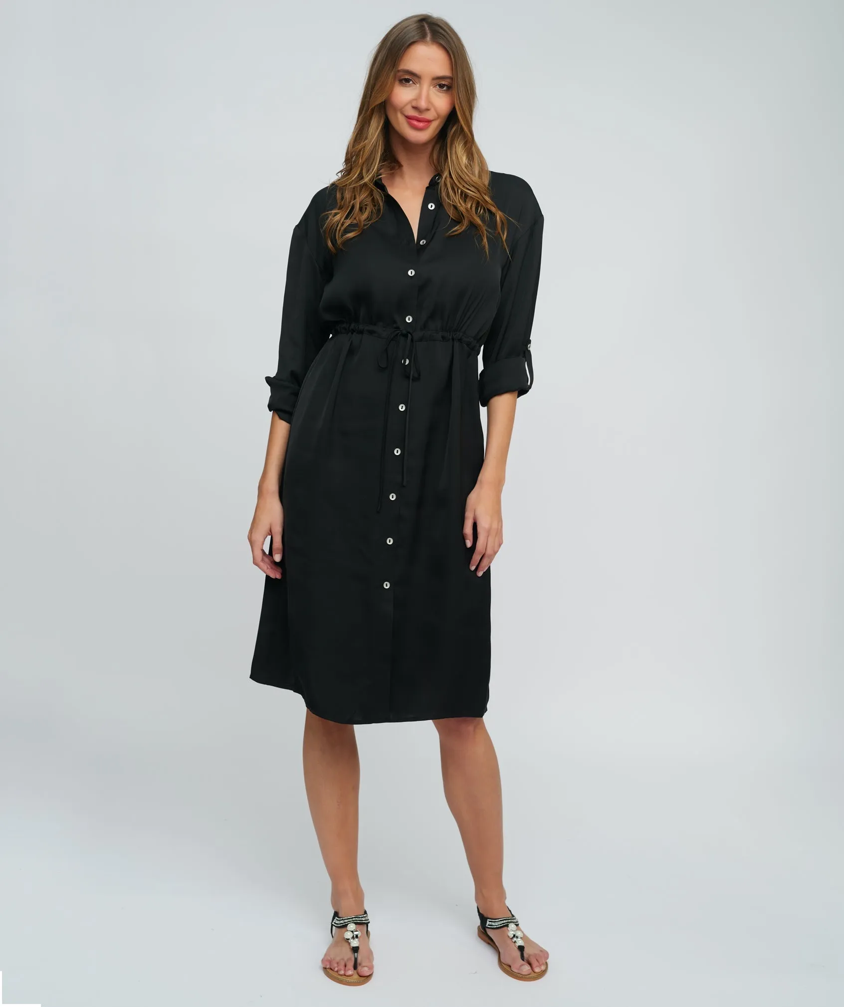 Black Satin Midi Shirt Dress with Tie Waist and Button-Front Opening