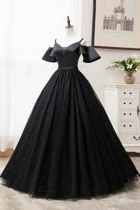 Black V-Neck Tulle Long Prom Dresses, A-Line Black Evening Dresses