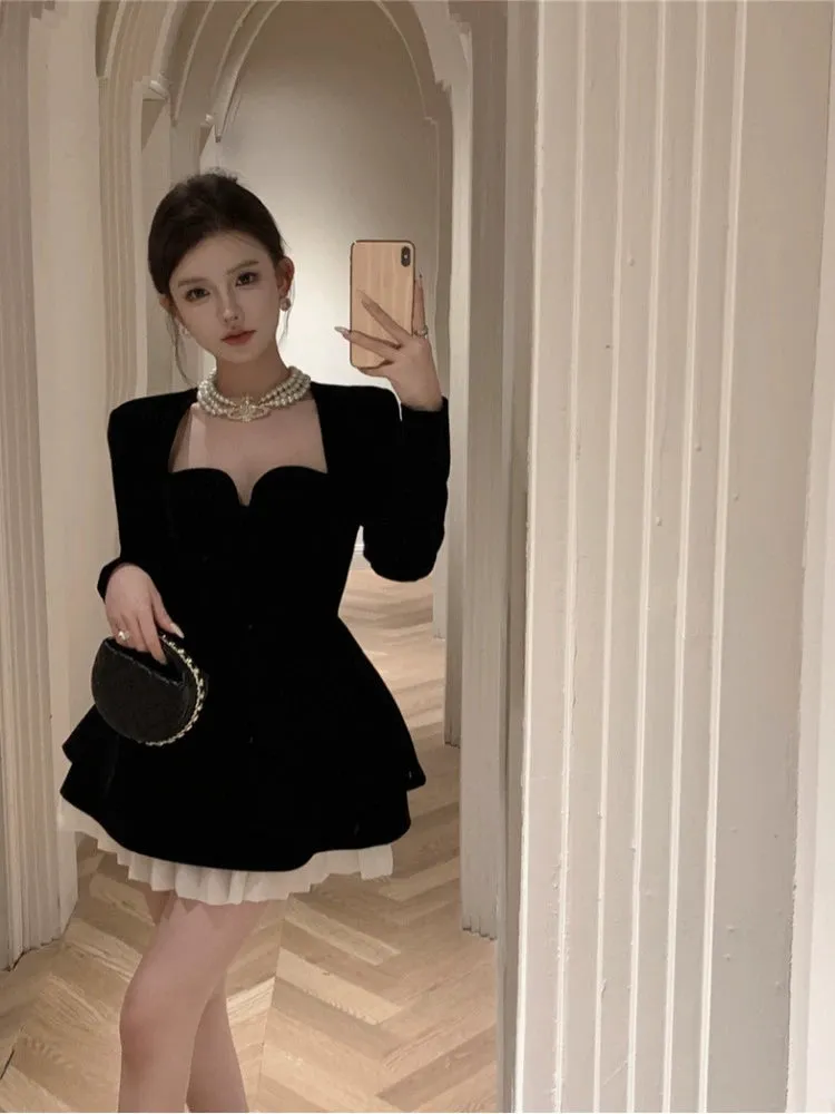 Black velvet long-sleeved dress for women banquet dress short party dress      S5878