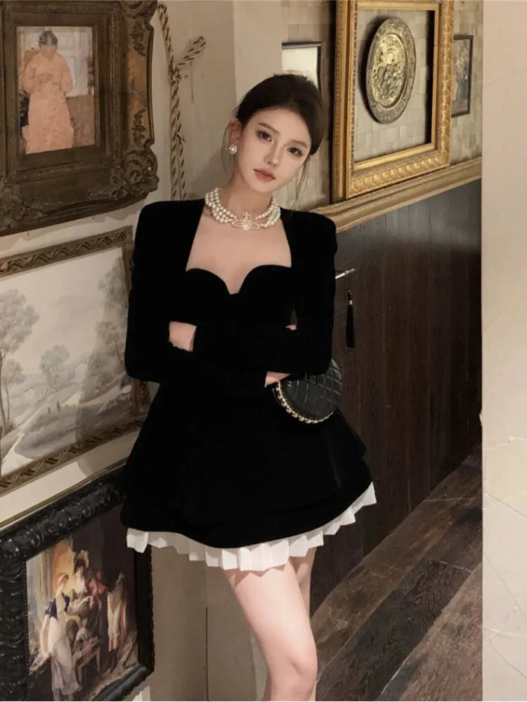 Black velvet long-sleeved dress for women banquet dress short party dress      S5878