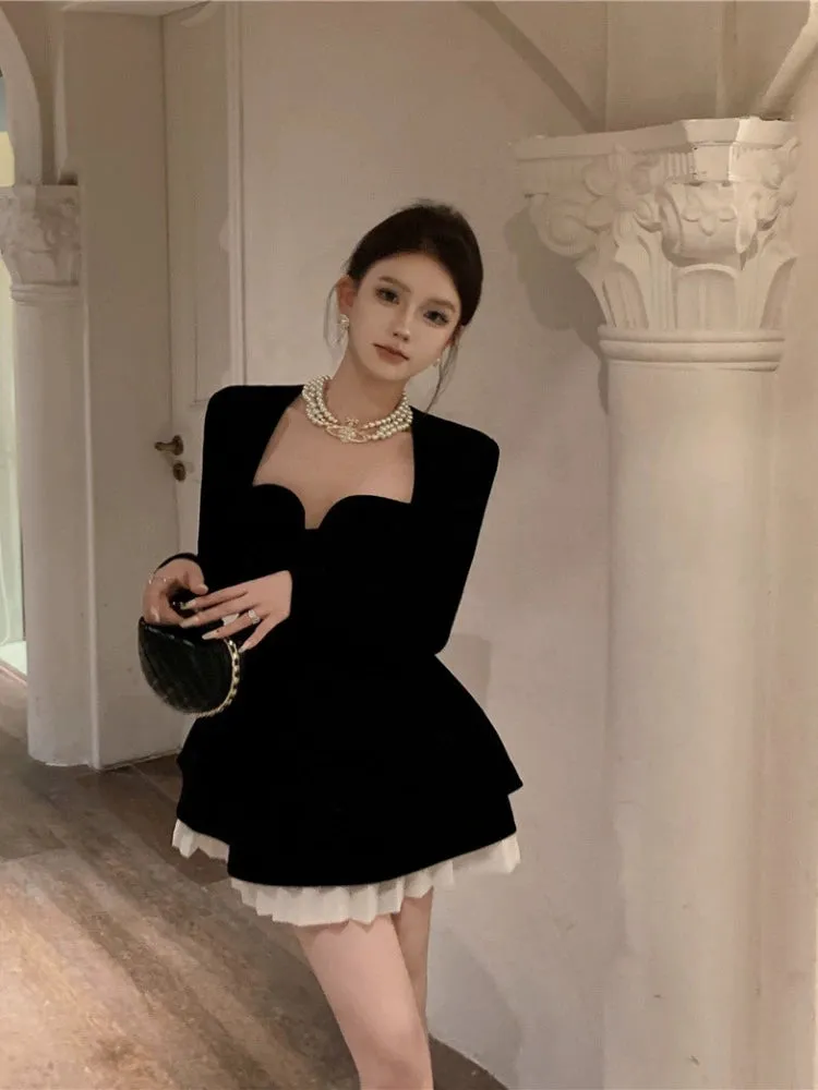 Black velvet long-sleeved dress for women banquet dress short party dress      S5878