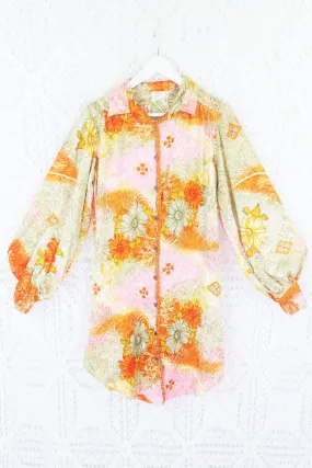 Bonnie Shirt Dress - Vintage Indian Sari - Sunset & Pistachio Floral (M/L)