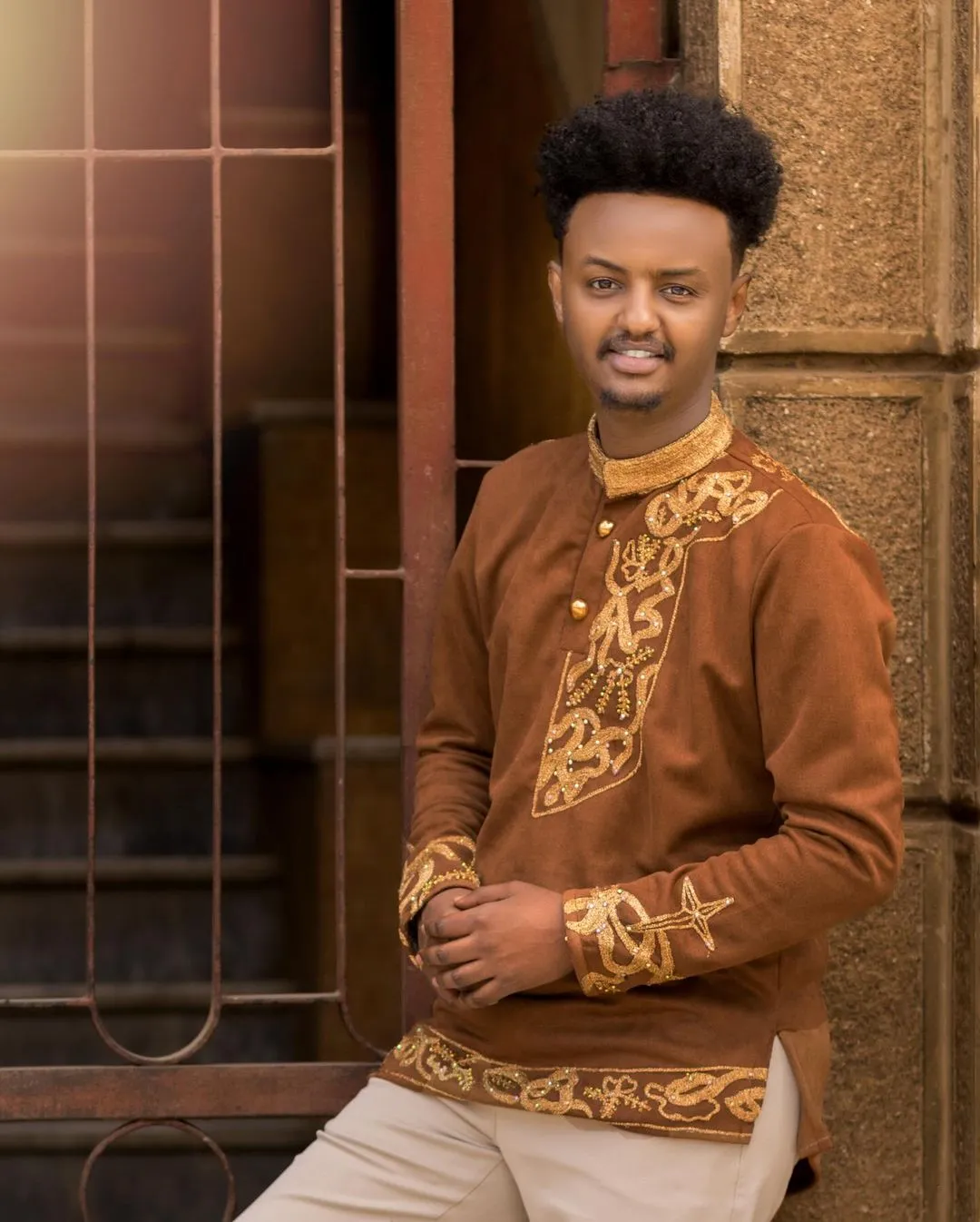 Brown Habesha Men's Shirt with Golden Design Habesha Men's Outfit Modern Habesha Shirt Simple Habesha Shirt Style