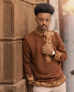 Brown Habesha Men's Shirt with Golden Design Habesha Men's Outfit Modern Habesha Shirt Simple Habesha Shirt Style