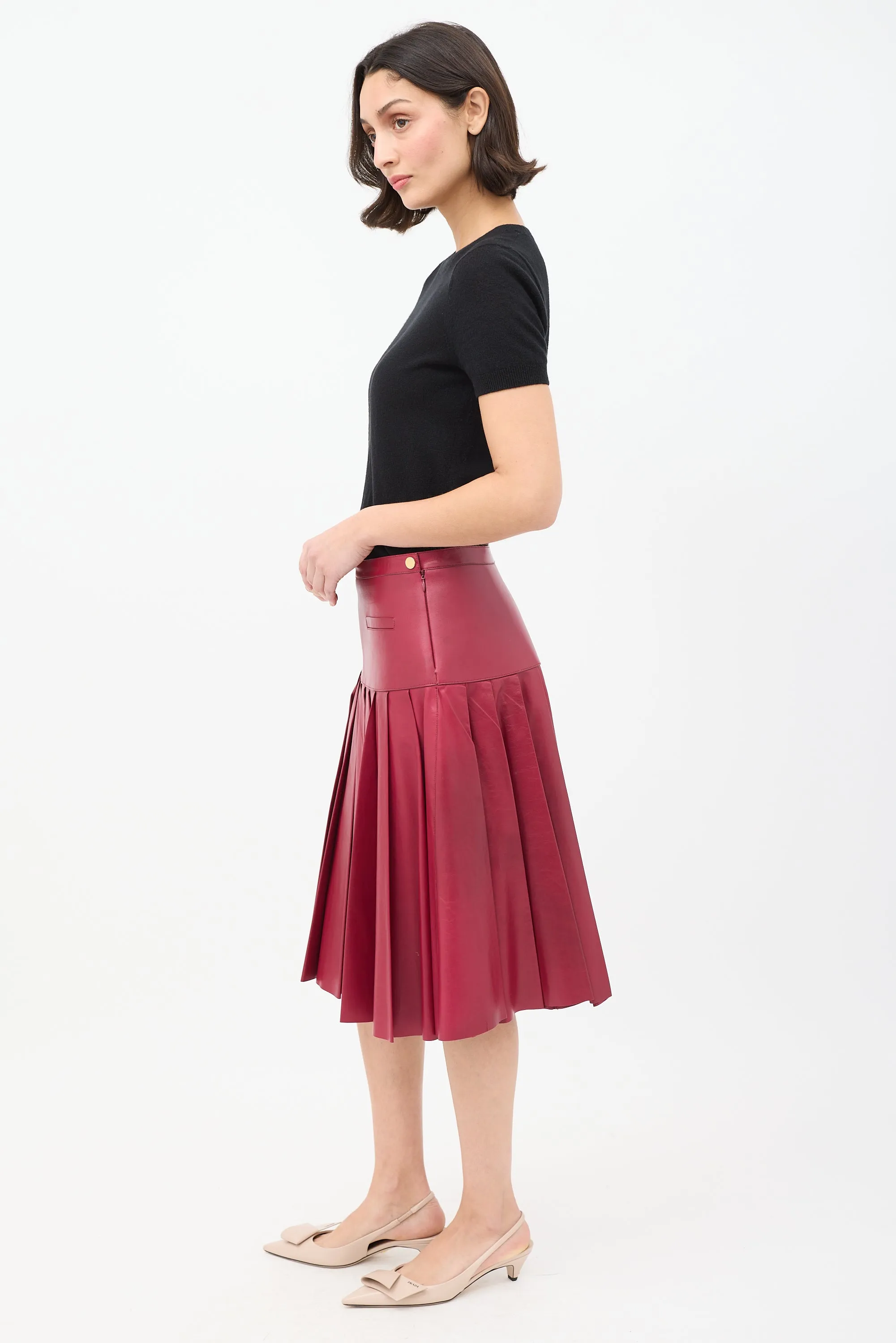 Burgundy Leather Pleated Drop Waist Midi Skirt