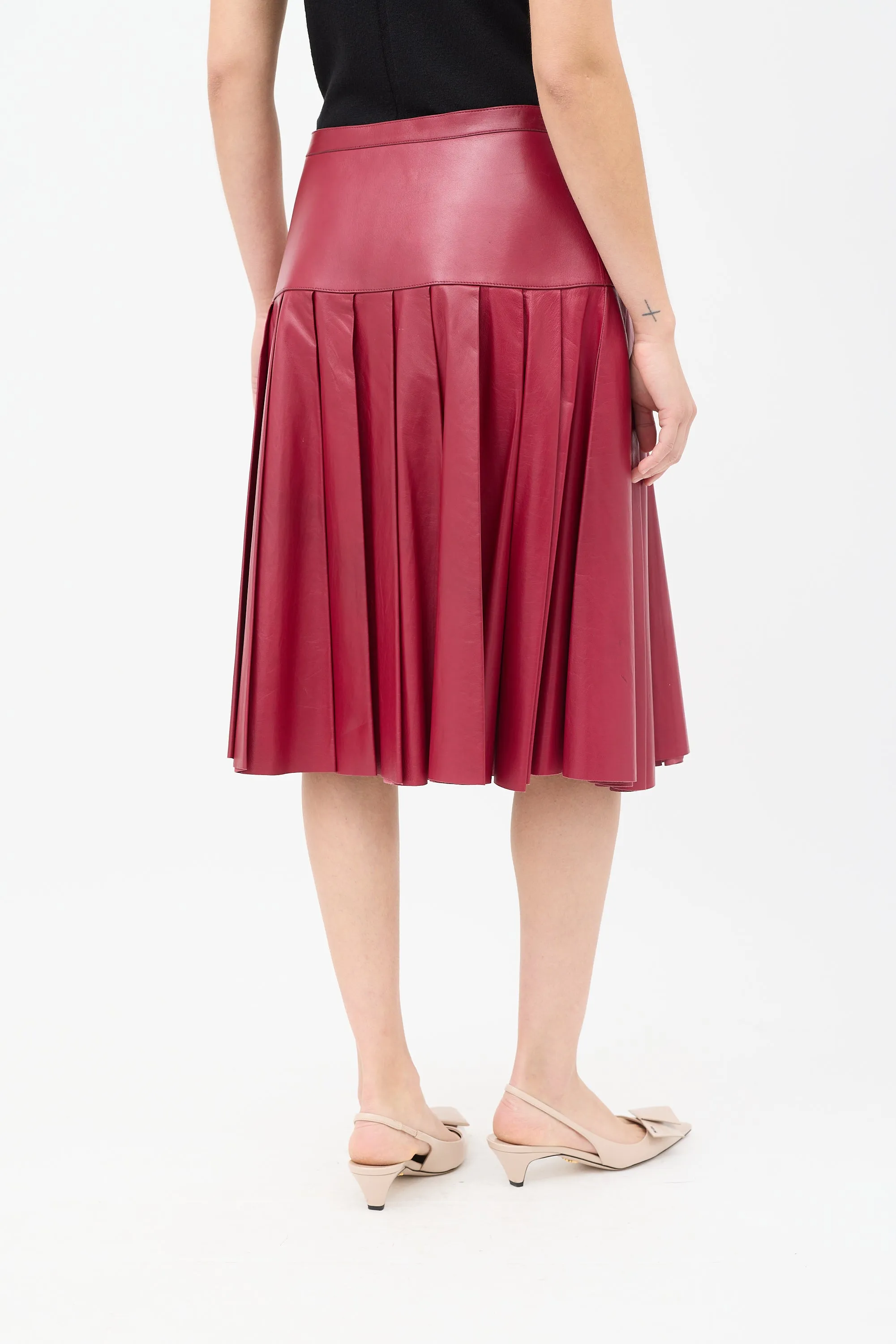 Burgundy Leather Pleated Drop Waist Midi Skirt