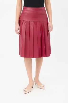 Burgundy Leather Pleated Drop Waist Midi Skirt