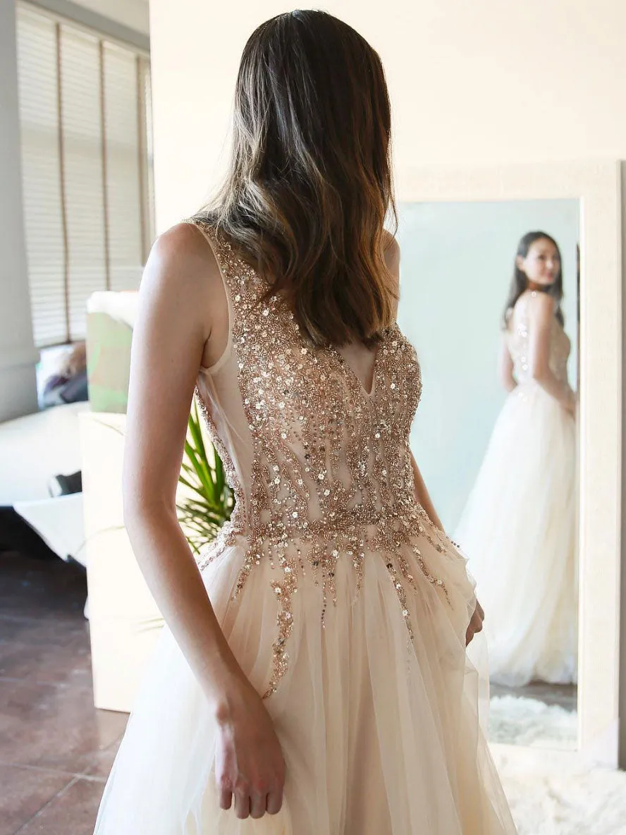 Champagne V Neck Tulle Beads Long Prom Dress, Tulle Evening Dress