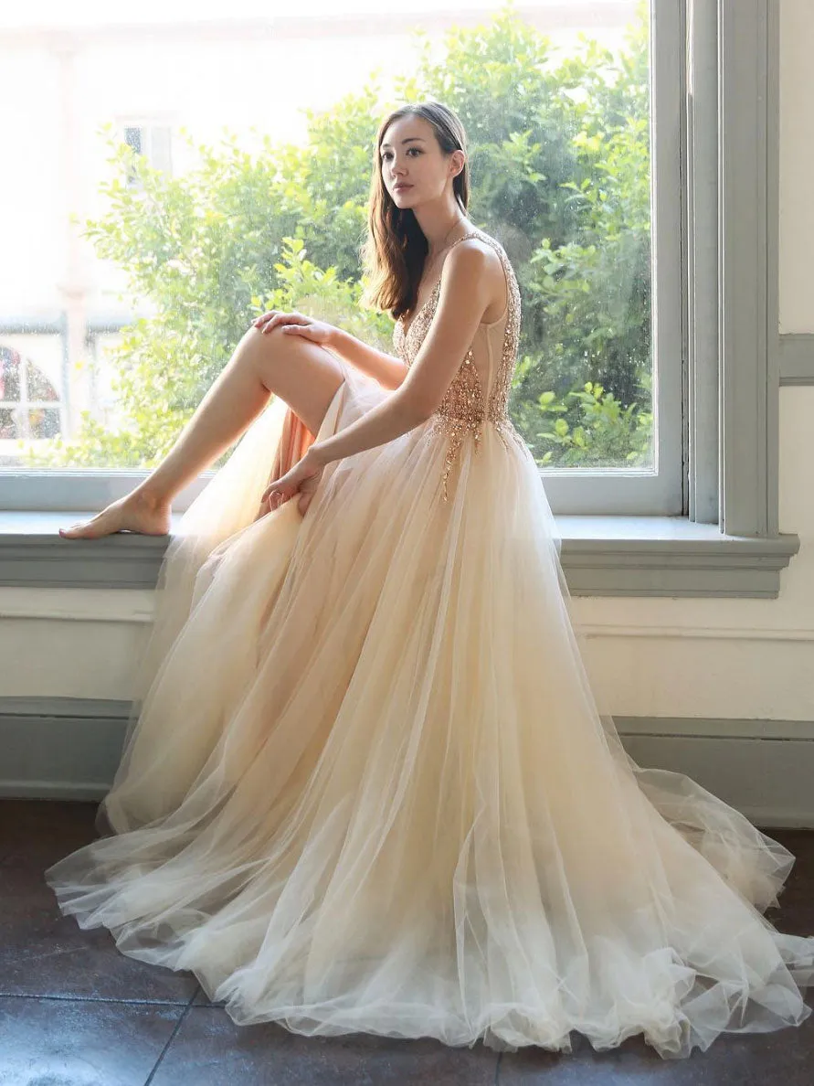 Champagne V Neck Tulle Beads Long Prom Dress, Tulle Evening Dress