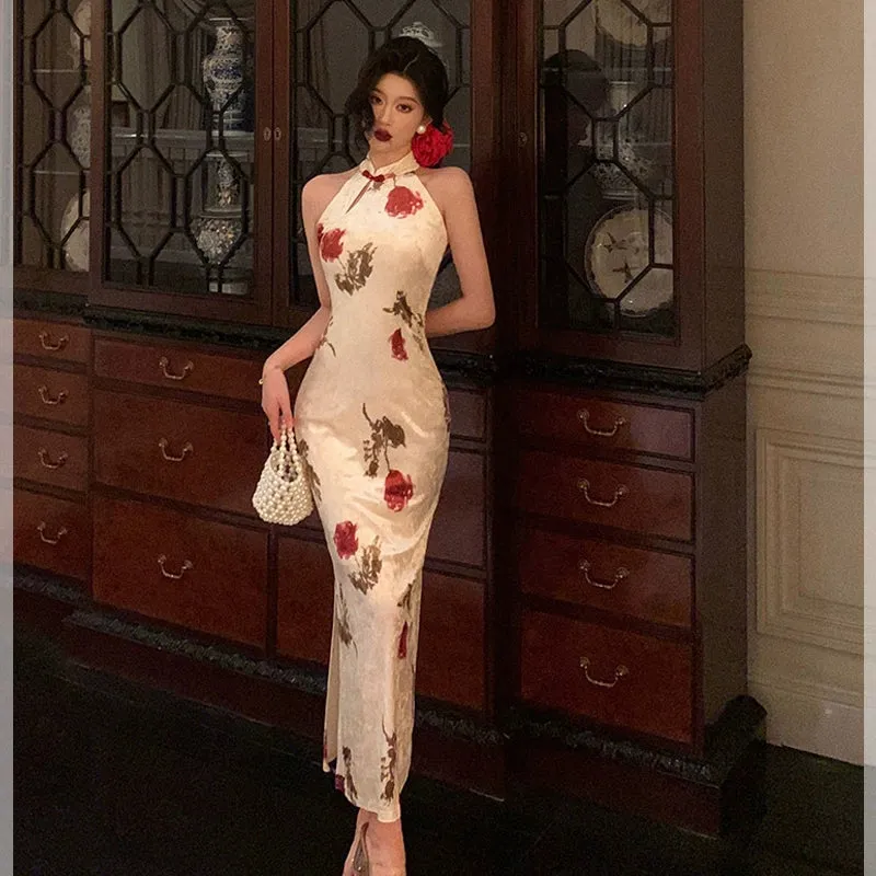 Chinese style velvet cheongsam dress for women new retro printed slit party dress     S5658