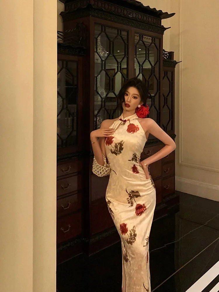 Chinese style velvet cheongsam dress for women new retro printed slit party dress     S5658