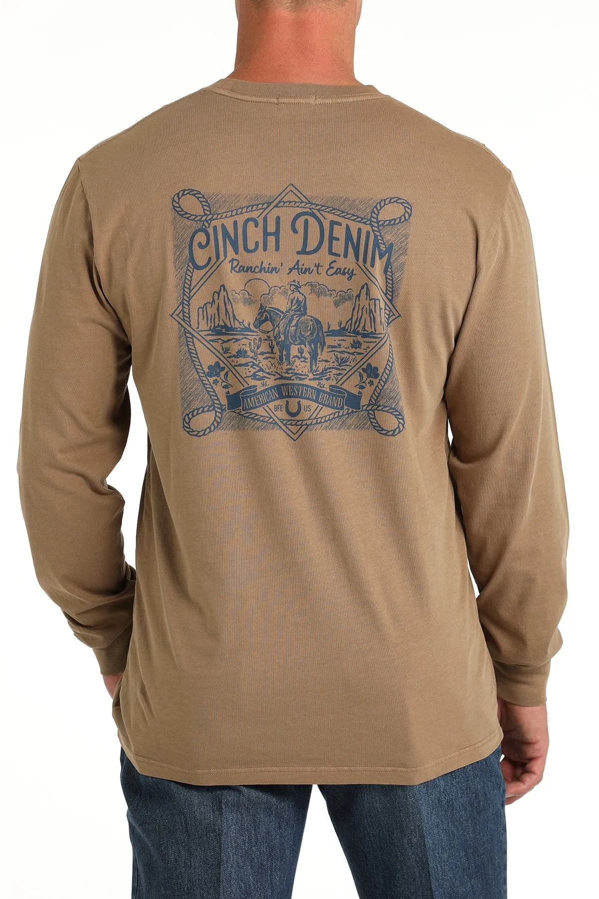 Cinch Men's "Ranching Ain't Easy" L/S Graphic Logo T-Shirt in Khaki