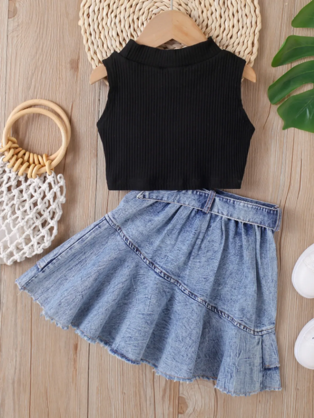 Classic Casual Tank and Pleated Denim Skirt Set