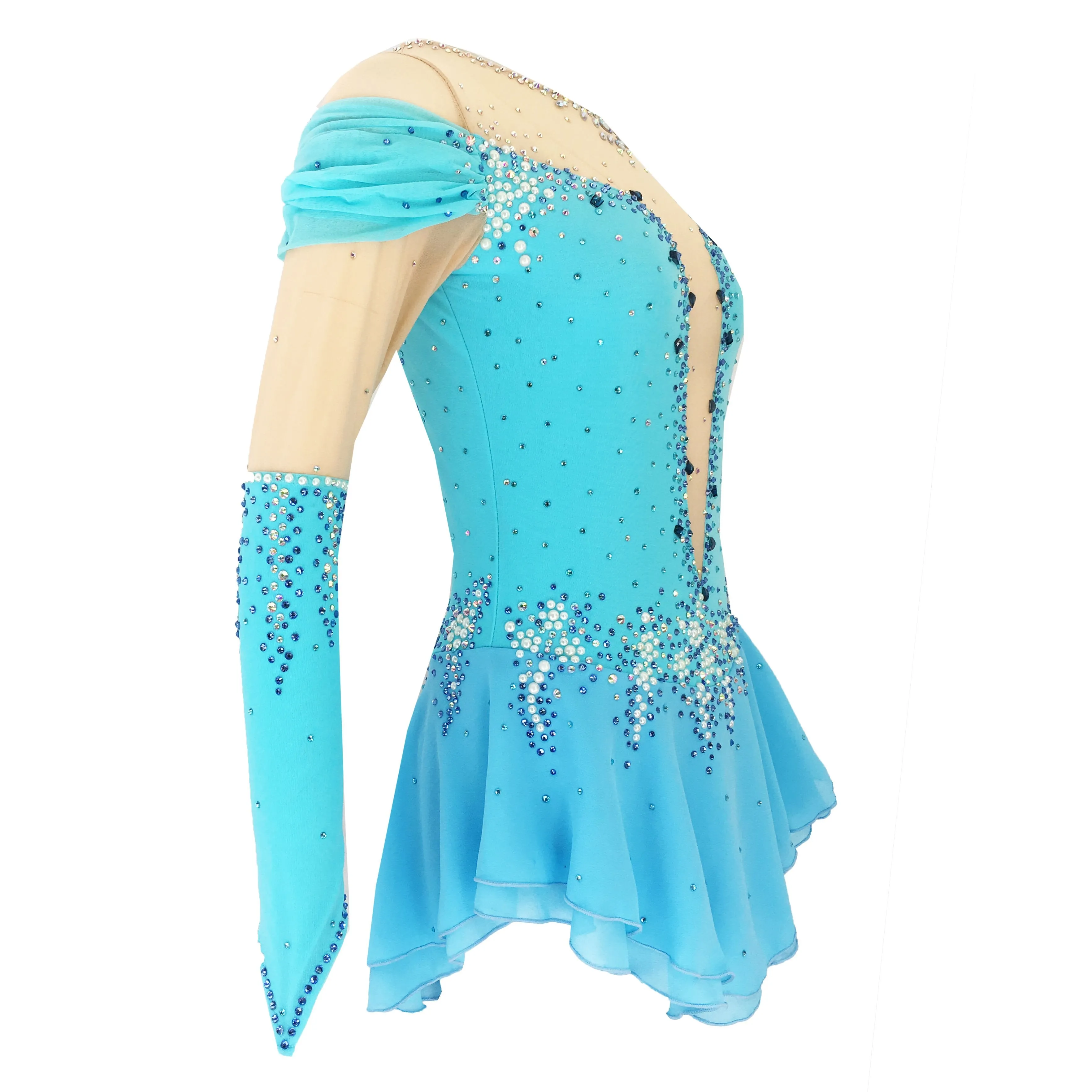 Competition Figure Skating Dress Blue Off Shoulder Look, Long Sleeves, Crystals & Pearl