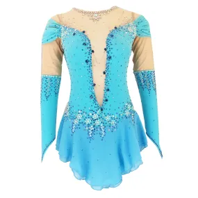 Competition Figure Skating Dress Blue Off Shoulder Look, Long Sleeves, Crystals & Pearl