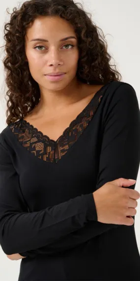 Cream Lace Trimmed Long Sleeve Top, black