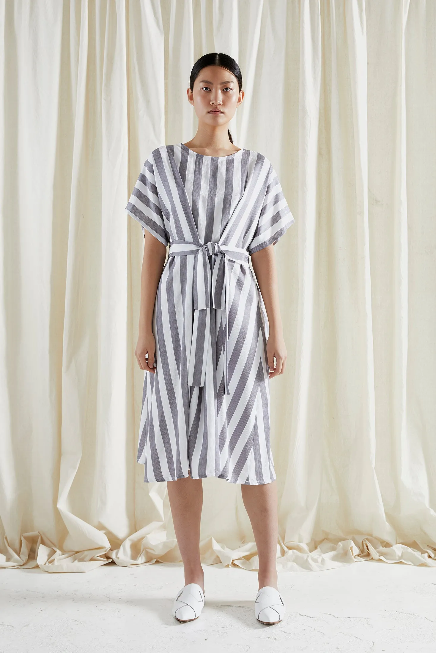 EVE DRESS ~ CONVERTIBLE ~ NEUTRAL [ Grey & White Striped, Waist Ties ]