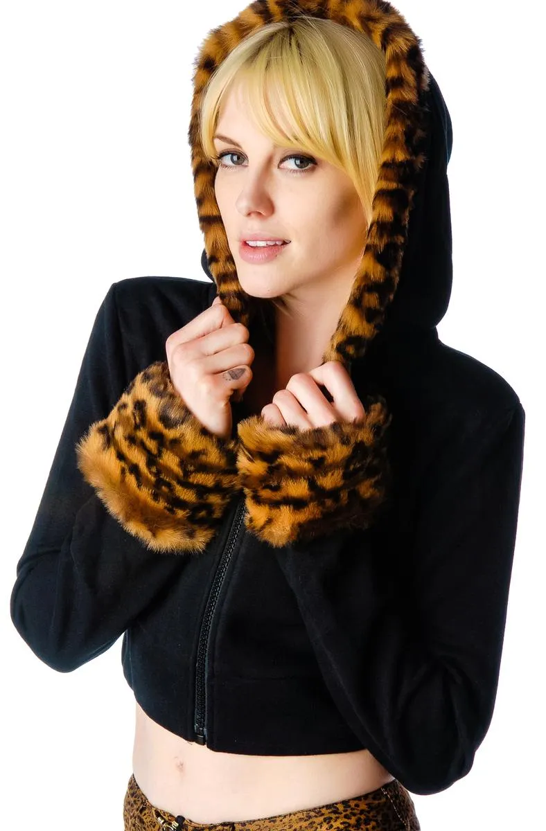 Feline Faux Fur Cropped Hooded Jacket