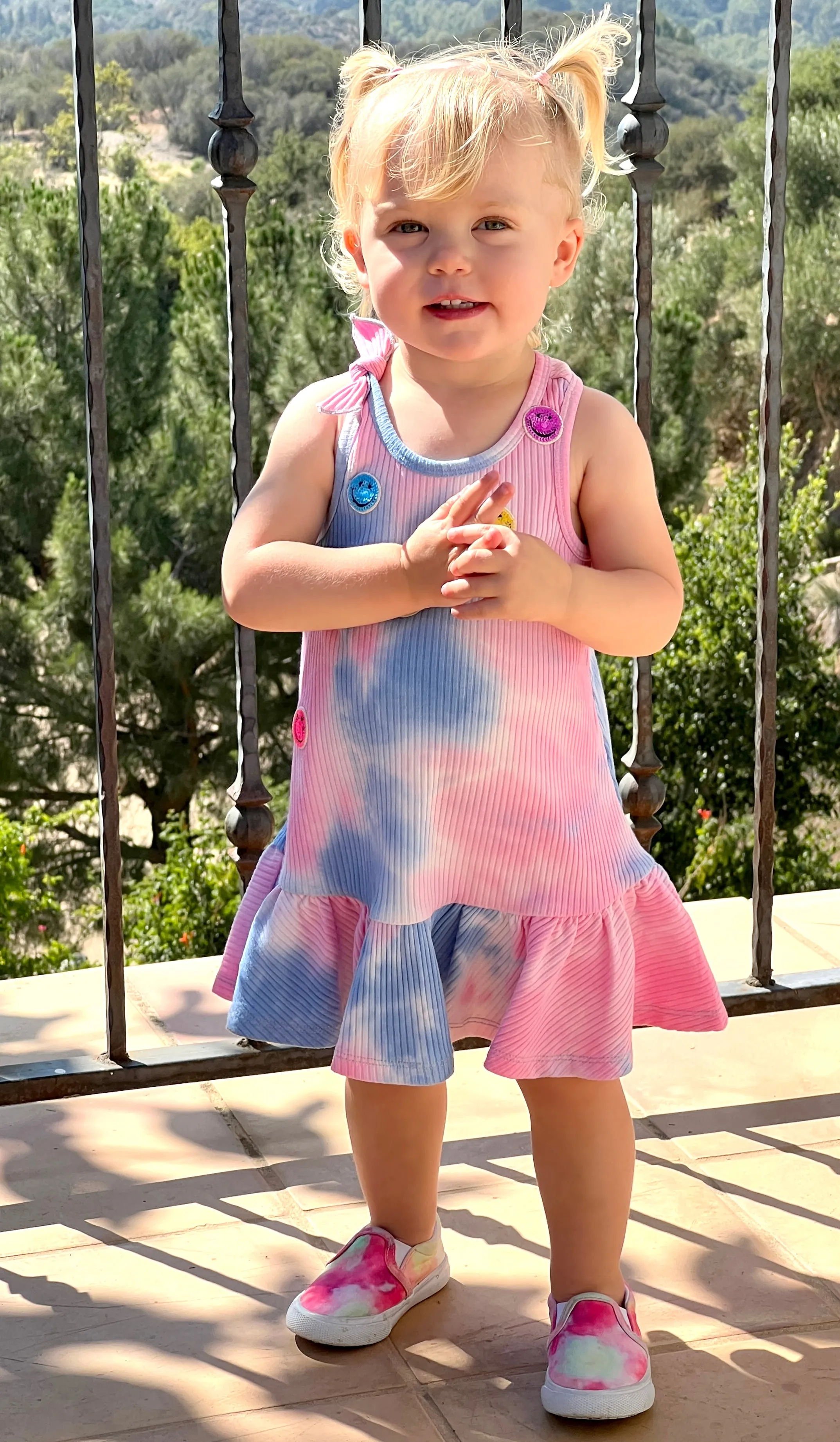 GBY Tie Dye Drop Waist Smile Patch Dress