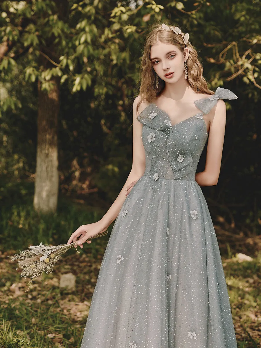 Gray Tulle Sequin Tea Length Prom Dress, Gray Evening Dress