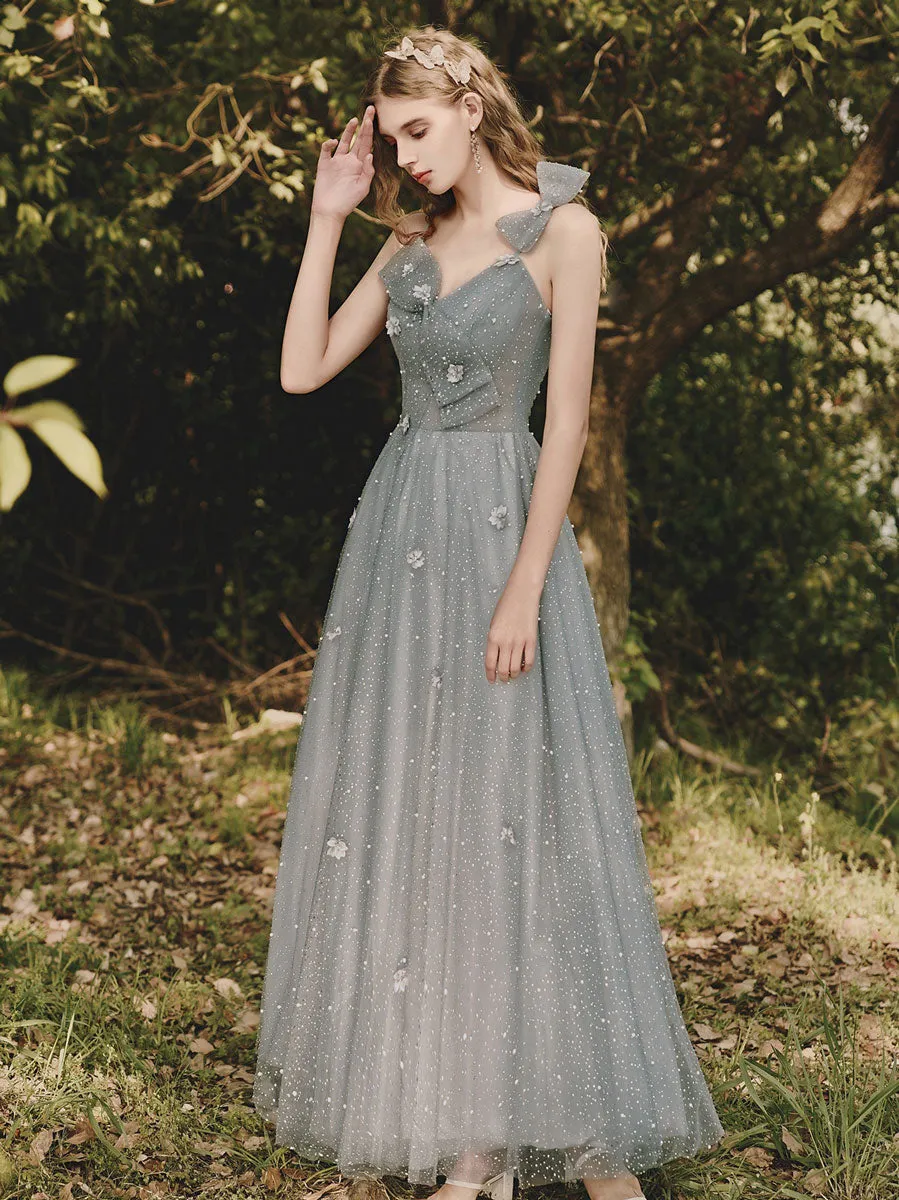 Gray Tulle Sequin Tea Length Prom Dress, Gray Evening Dress