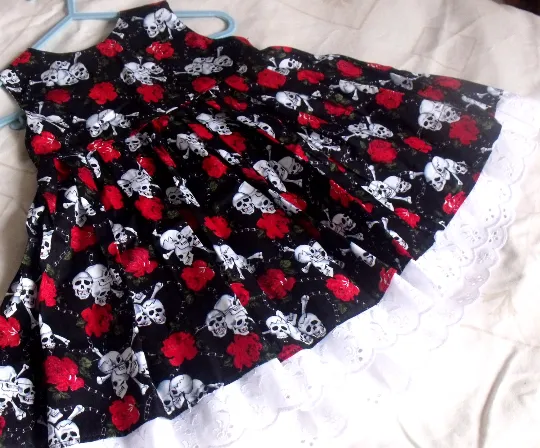 Handmade, Baby dress 100% cotton gothic skull print,  to fit from 6 to 9 months