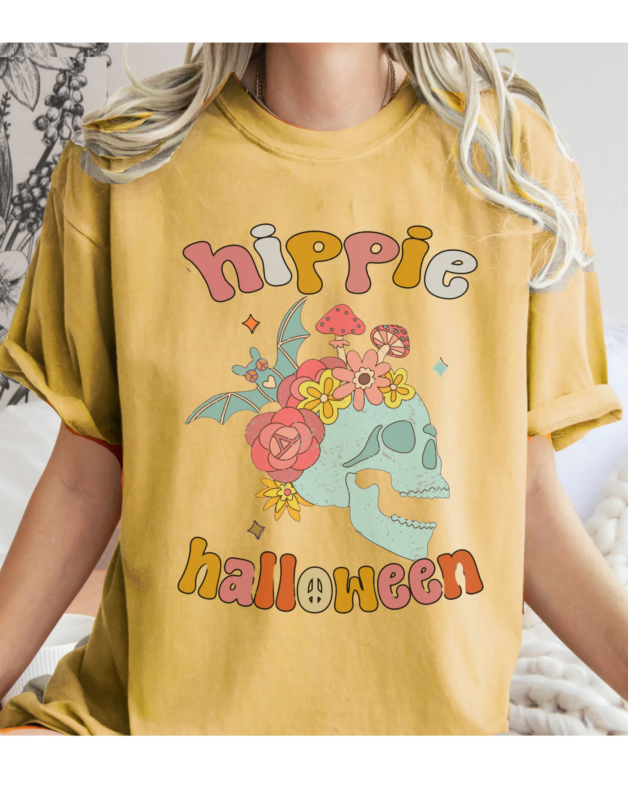 Hippie Halloween Comfort Colors® Funny Retro Skull Design T-Shirt, Women's Fall Colors T-Shirt