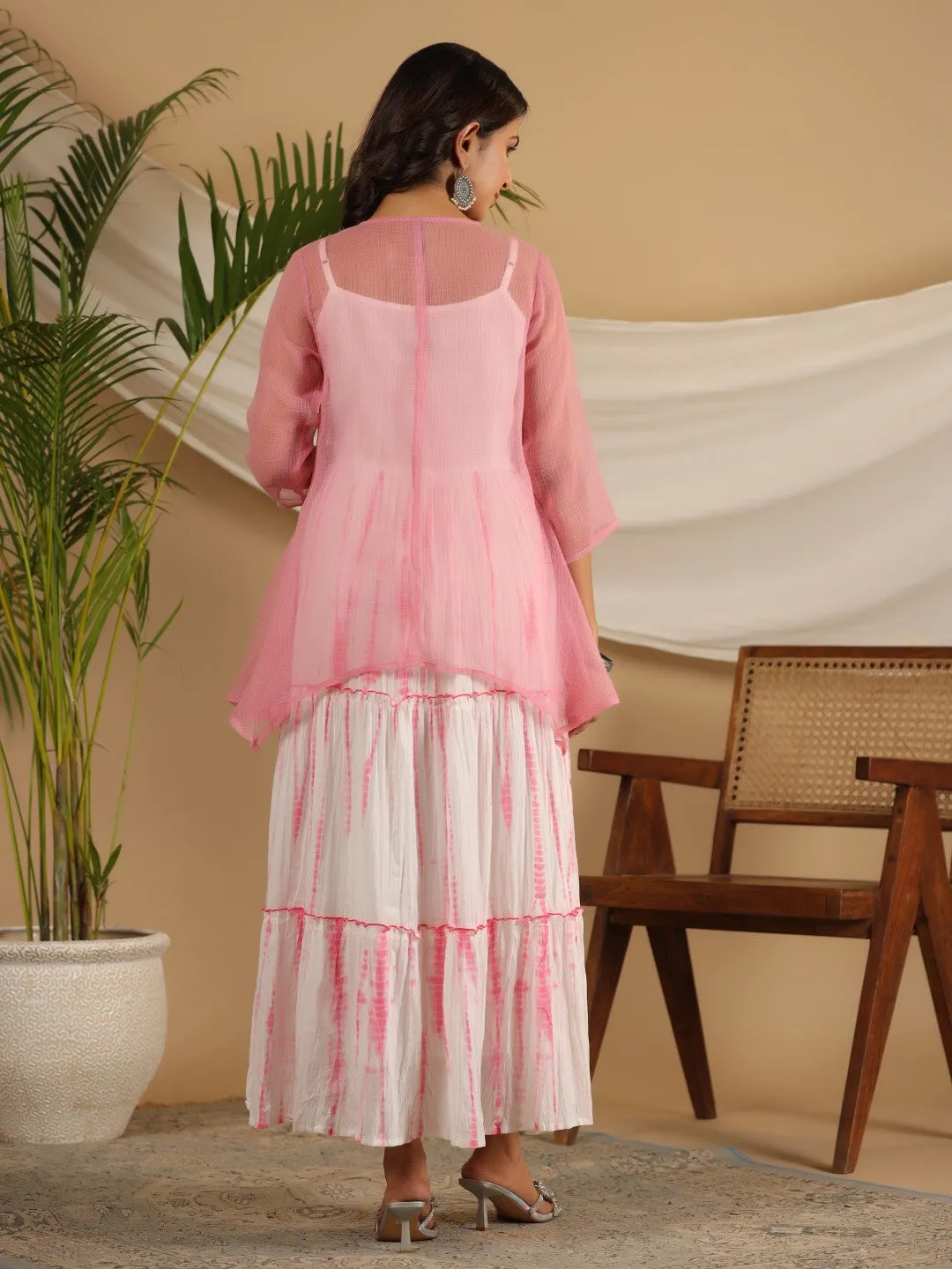 Jashvi Pink Geometric Printed Pure Cotton Dress & Kota Doria Dupatta Within Mirror Work.