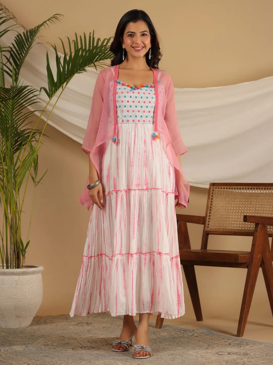 Jashvi Pink Geometric Printed Pure Cotton Dress & Kota Doria Dupatta Within Mirror Work.