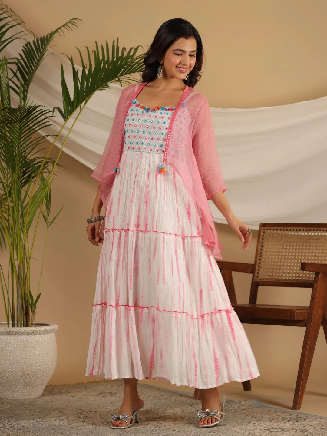 Jashvi Pink Geometric Printed Pure Cotton Dress & Kota Doria Dupatta Within Mirror Work.