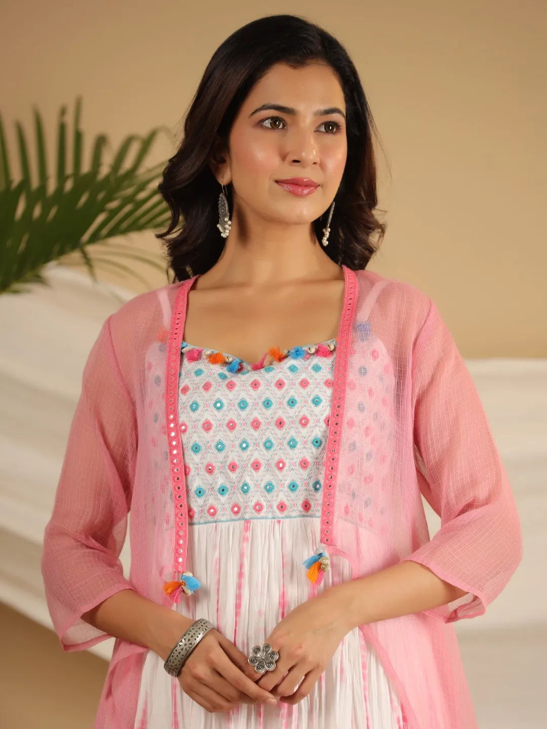 Jashvi Pink Geometric Printed Pure Cotton Dress & Kota Doria Dupatta Within Mirror Work.