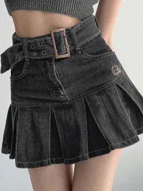 Joskaa Buckle Belt Pleated Denim Mini Skirt