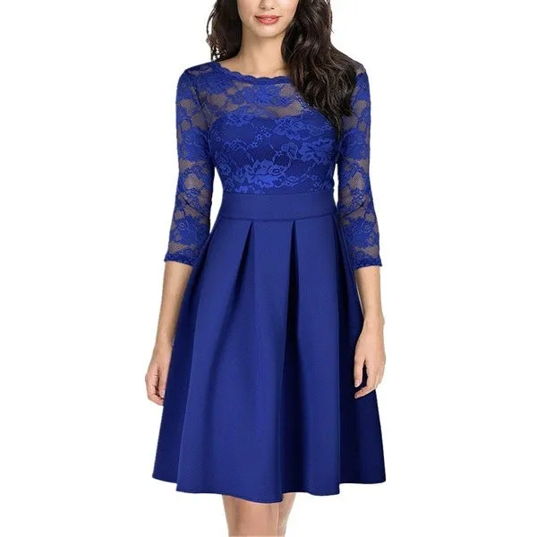 Lace patchwork 3/4 sleeves A-lined flare dress | Fall winter formal cocktail party prom mini dress