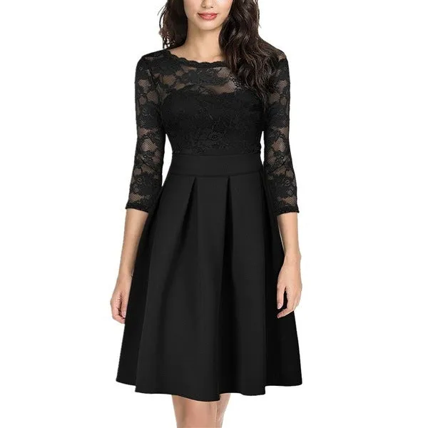 Lace patchwork 3/4 sleeves A-lined flare dress | Fall winter formal cocktail party prom mini dress