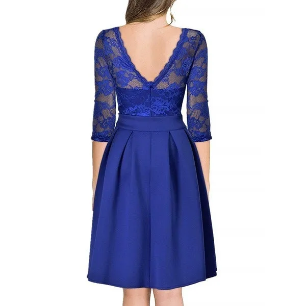 Lace patchwork 3/4 sleeves A-lined flare dress | Fall winter formal cocktail party prom mini dress